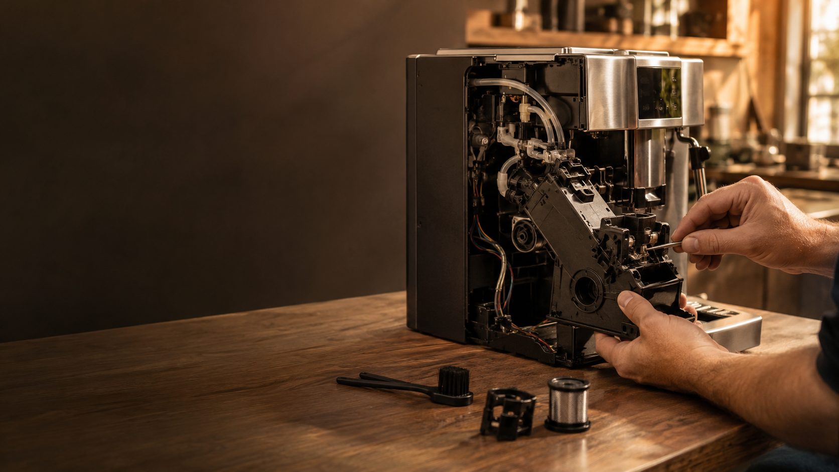 Reparatur einer Kaffeemaschine in der Werkstatt von Elektroladen Eckert