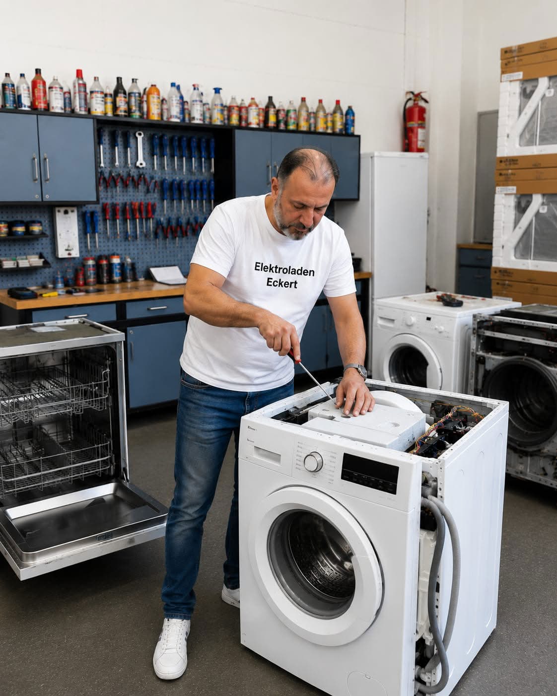 Techniker von Elektroladen Eckert repariert eine Waschmaschine